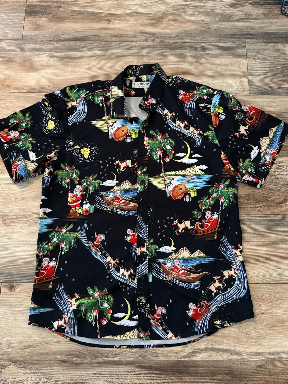 Christmas Santa Claus Black Hawaiian Button Up Shirt Large